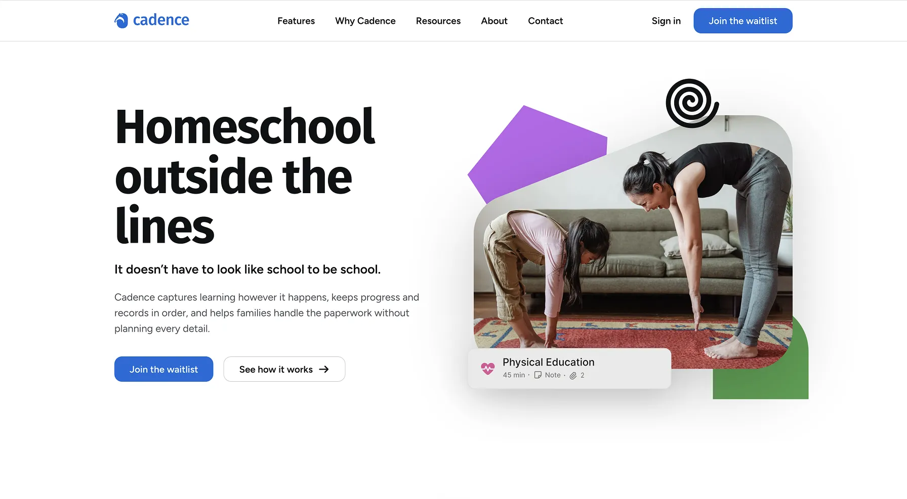 Homepage hero: a headline set over a photograph of a parent and child stretching in a living room, with a lesson card overlaid on it.