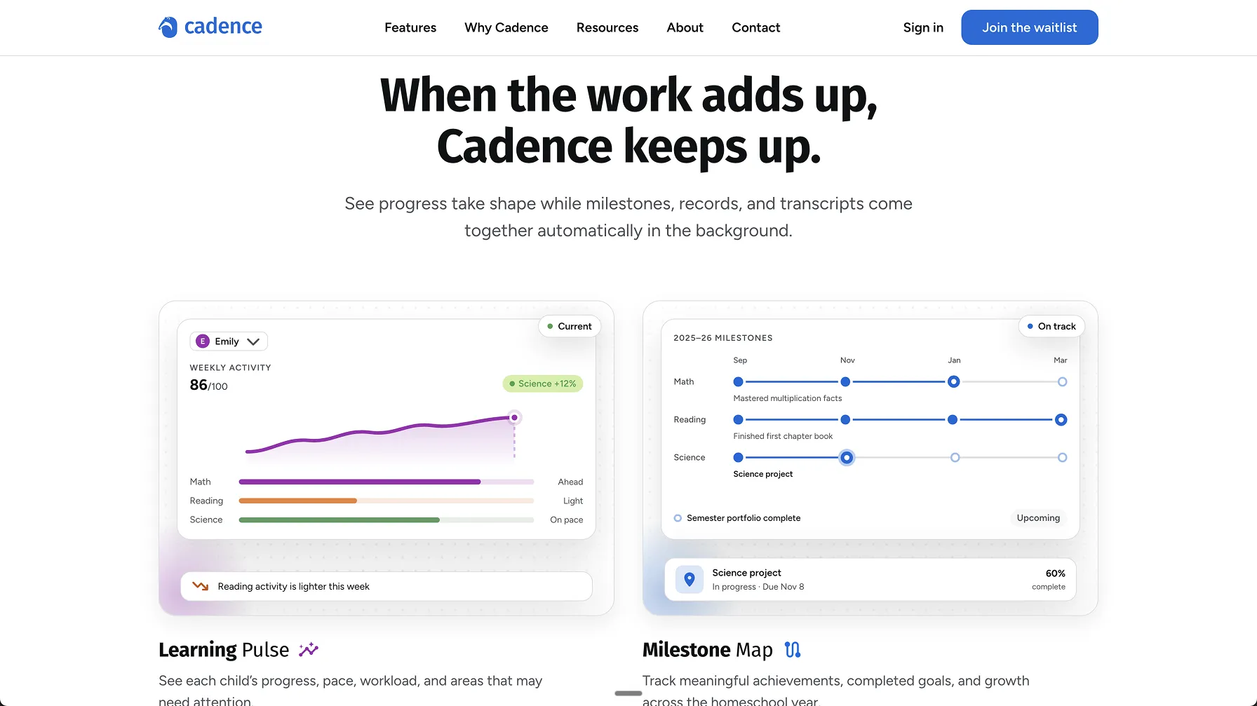 Two product panels side by side, one charting a week of activity by subject and one tracking milestones across the school year.