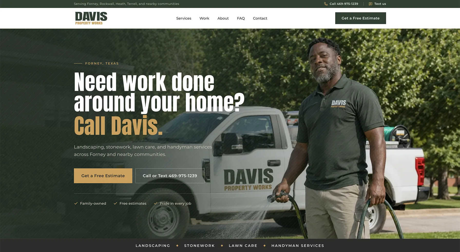 Homepage hero: a groundskeeper running a hose beside a branded pickup truck, behind a headline and two calls to action.