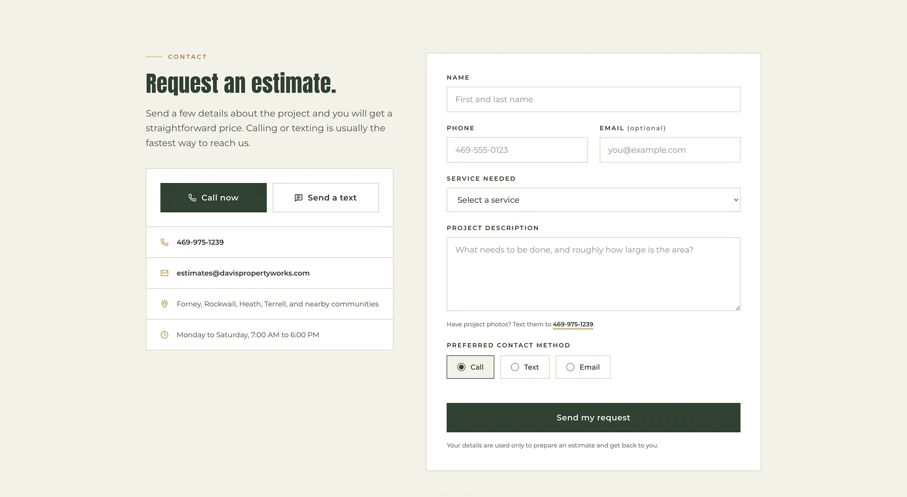 The estimate request section: phone, email, and opening hours on one side, a short request form on the other.