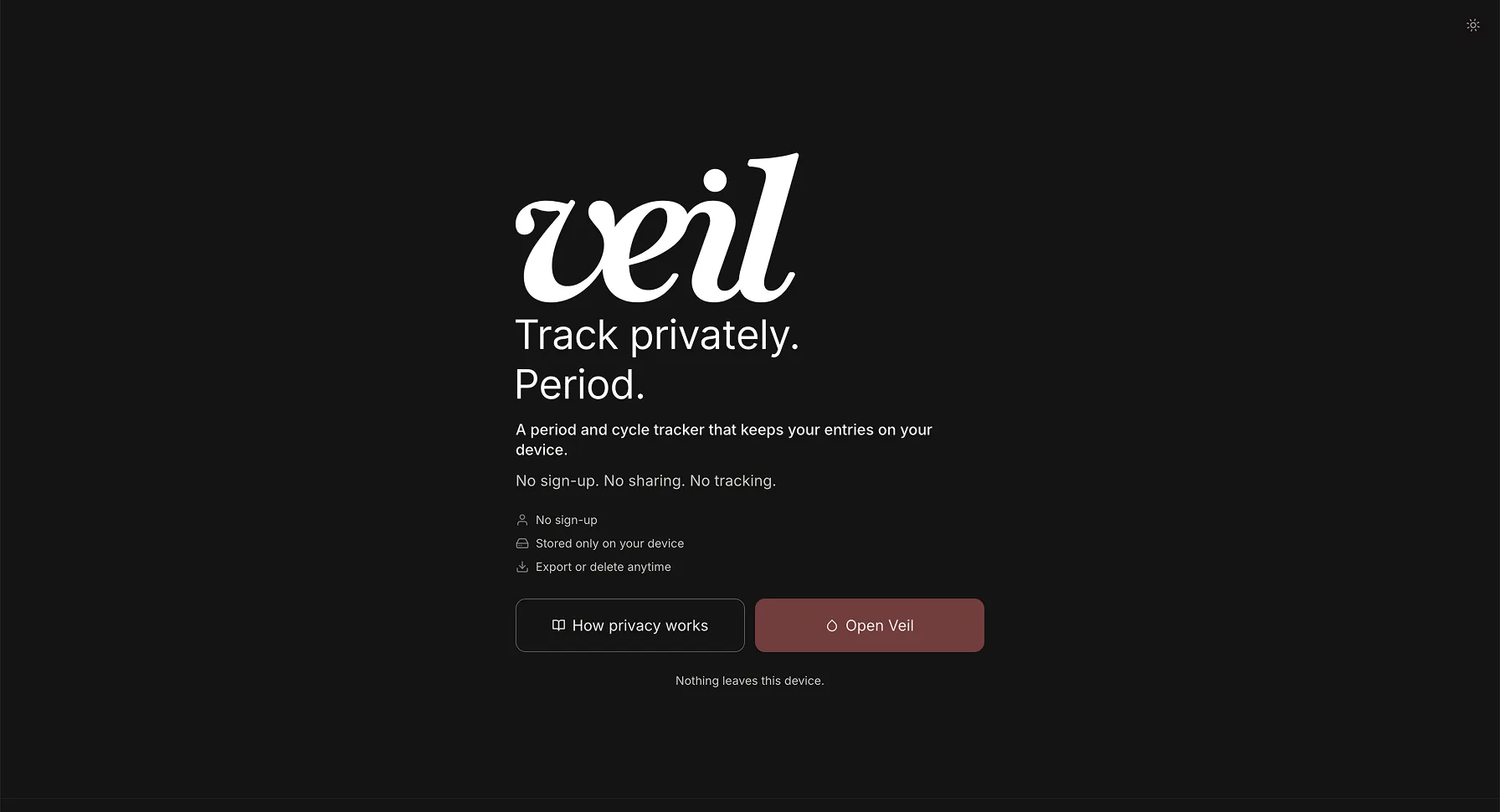 A near-black landing page with a script wordmark above the line "Track privately. Period."