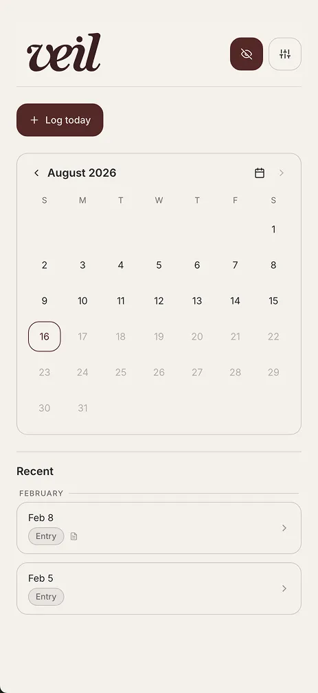 The tracker on a phone: a month calendar with the current day ringed, above a list of recent entries.